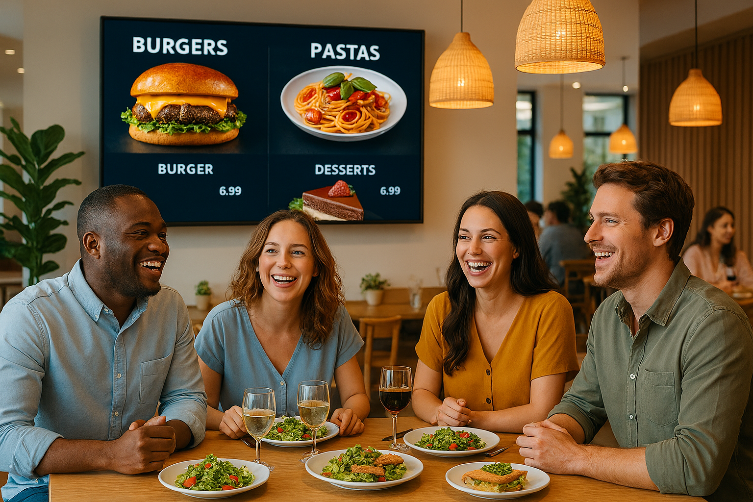 Restaurant TV screen showing a beautiful digital menu board with food photography powered by MenuBoard Online TV App